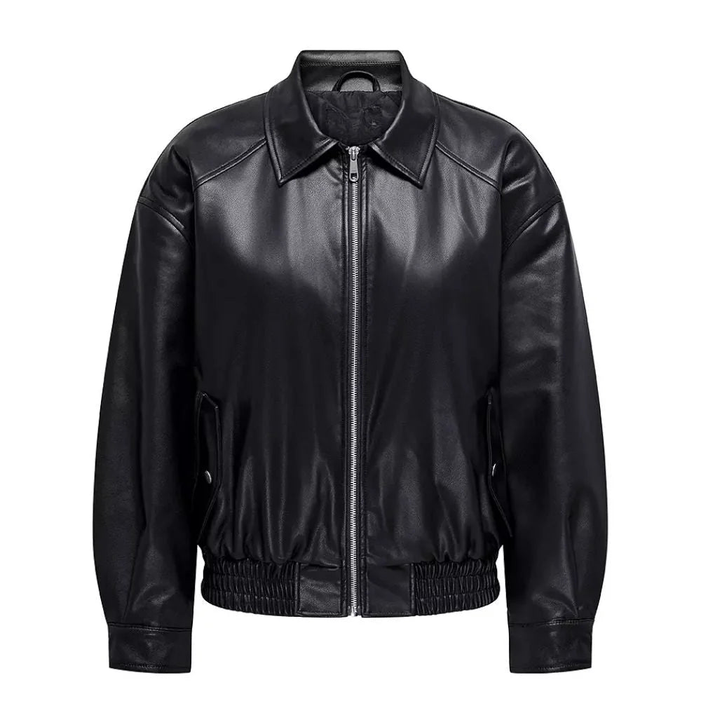 Men's Black Leather Elasticated Hem Jacket