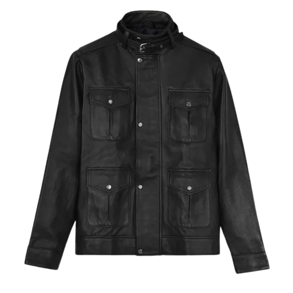 Men’s Black Field Leather Jacket with Four Pockets