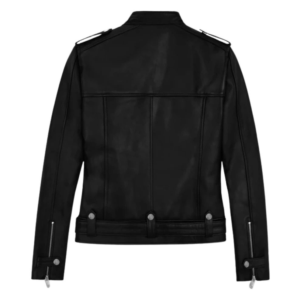 Men’s Black Leather Jacket with Adjustable Belt