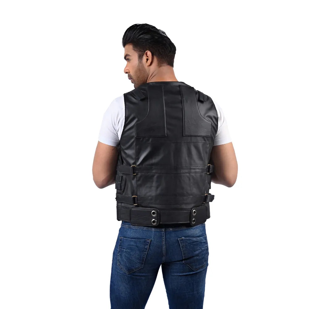 Men’s Black Grey Leather Vest Jacket