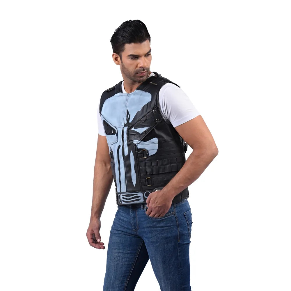 Men’s Black Grey Leather Vest Jacket