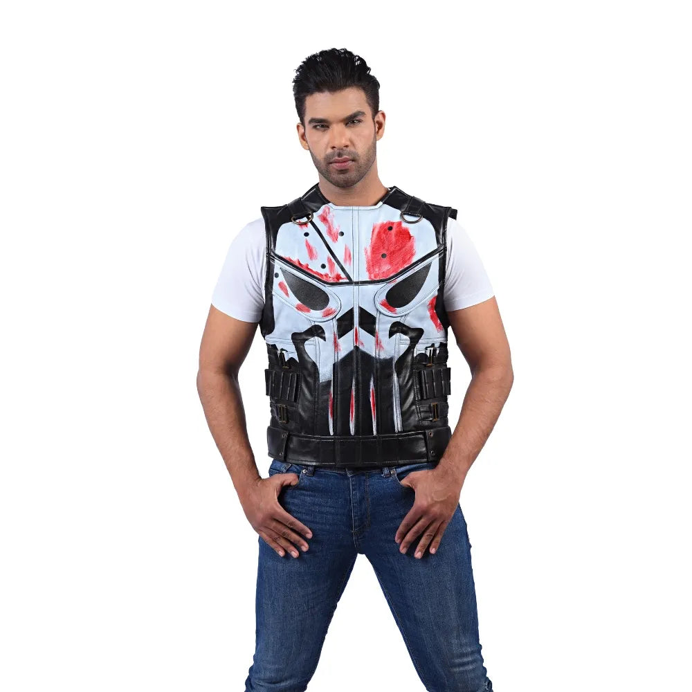 Men’s Black Grey Leather Vest Jacket