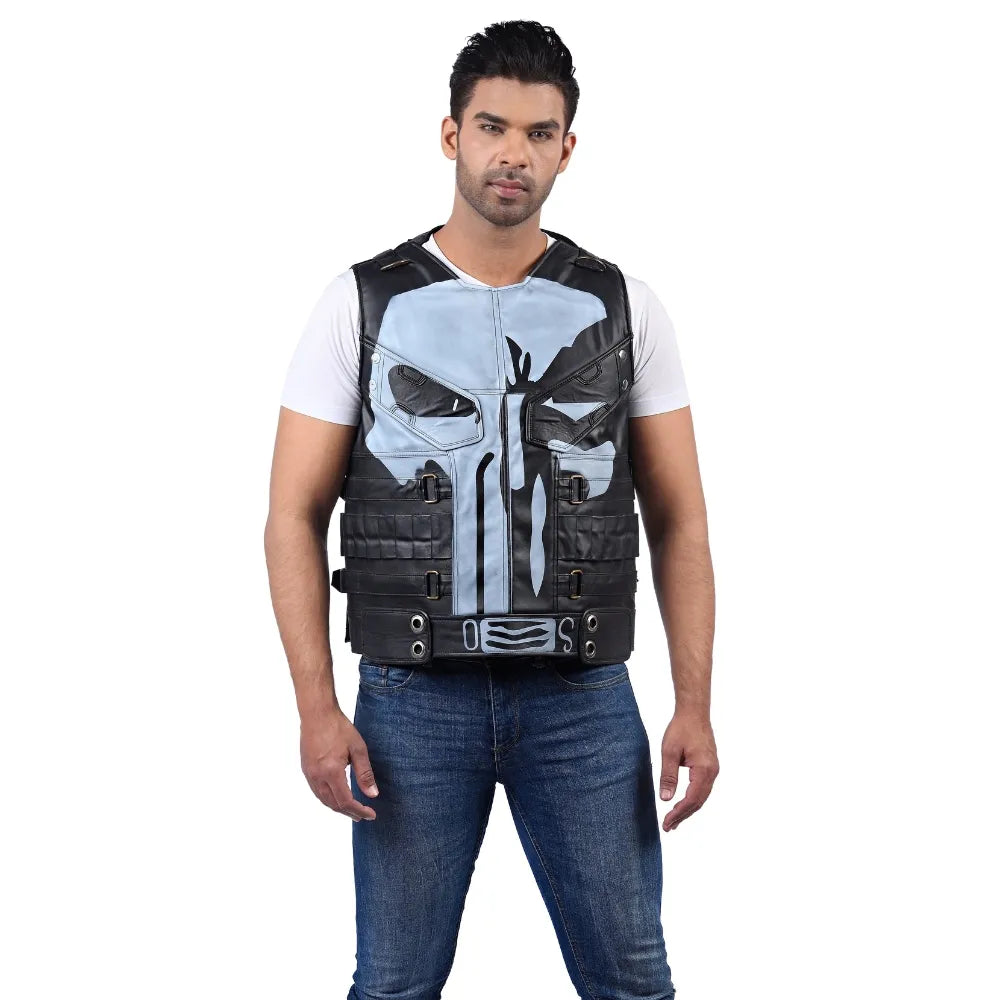 Men’s Black Grey Leather Vest Jacket