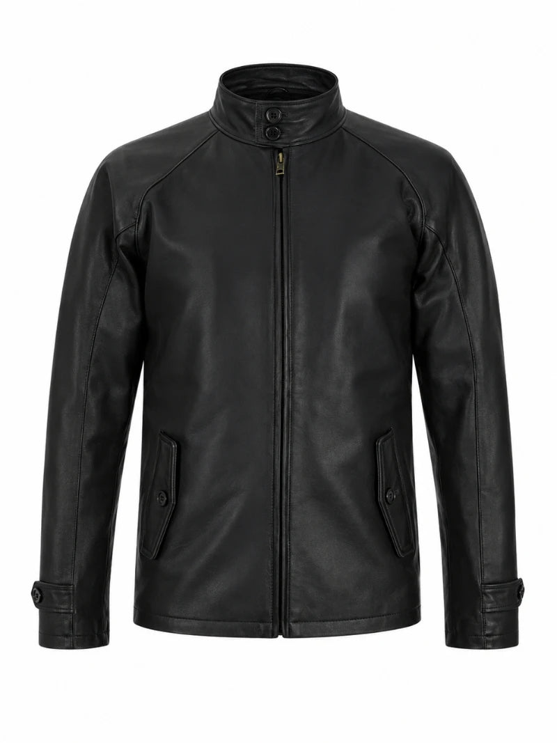 Men’s Black High-Neck Leather Jacket Front 