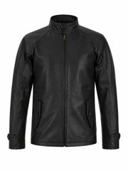 Men’s Black High-Neck Leather Jacket Front 