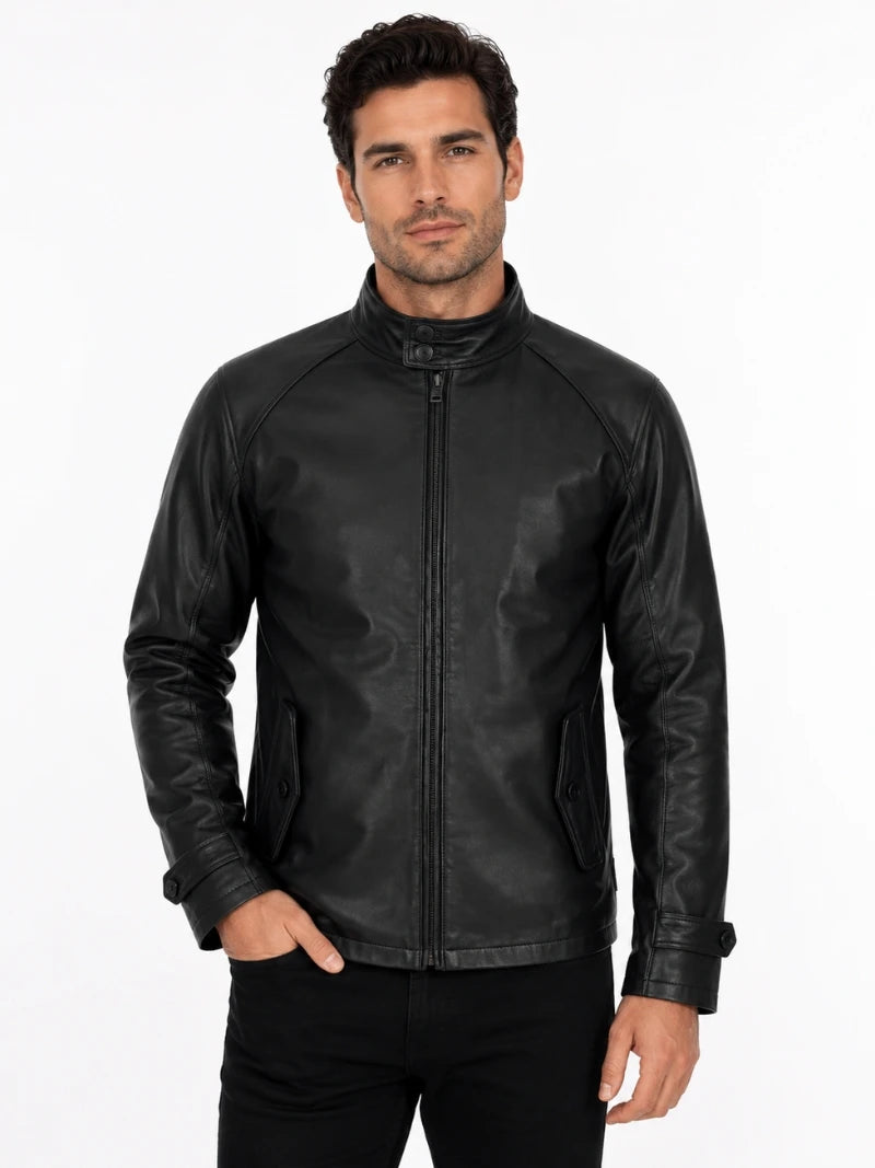 Men’s Black High-Neck Leather Jacket Full