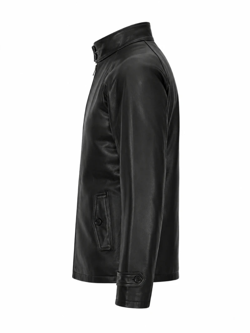 Men’s Black High-Neck Leather Jacket Left 
