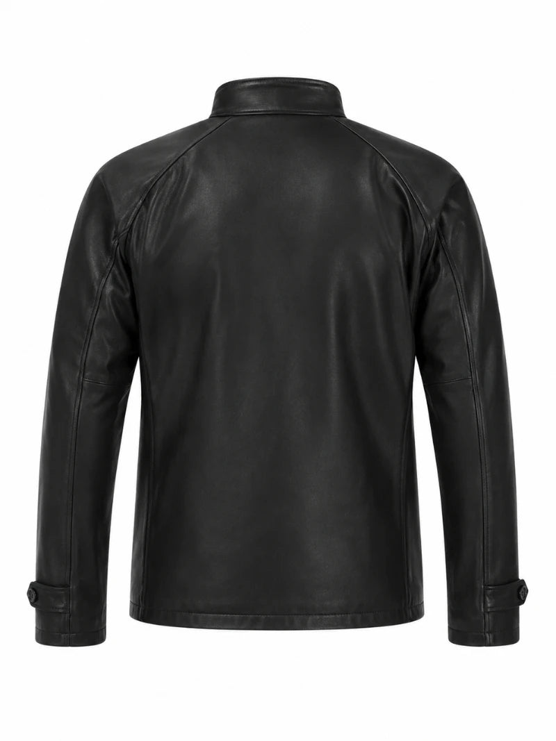 Men’s Black High-Neck Leather Jacket Back
