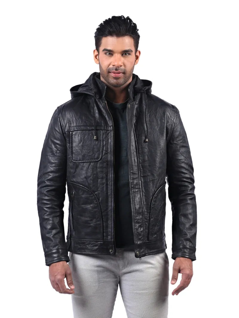 Men’s Black Hooded Leather Jacket Front