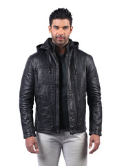 Men’s Black Hooded Leather Jacket Front