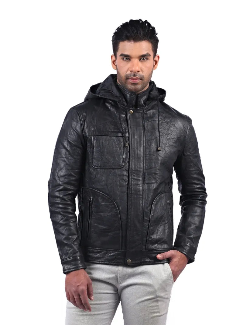 Men’s Black Hooded Leather Jacket Full