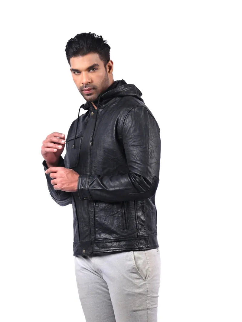 Men’s Black Hooded Leather Jacket Left