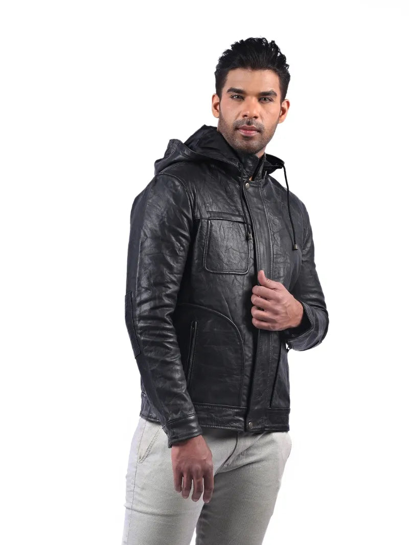 Men’s Black Hooded Leather Jacket Right