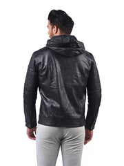 Men’s Black Hooded Leather Jacket Back