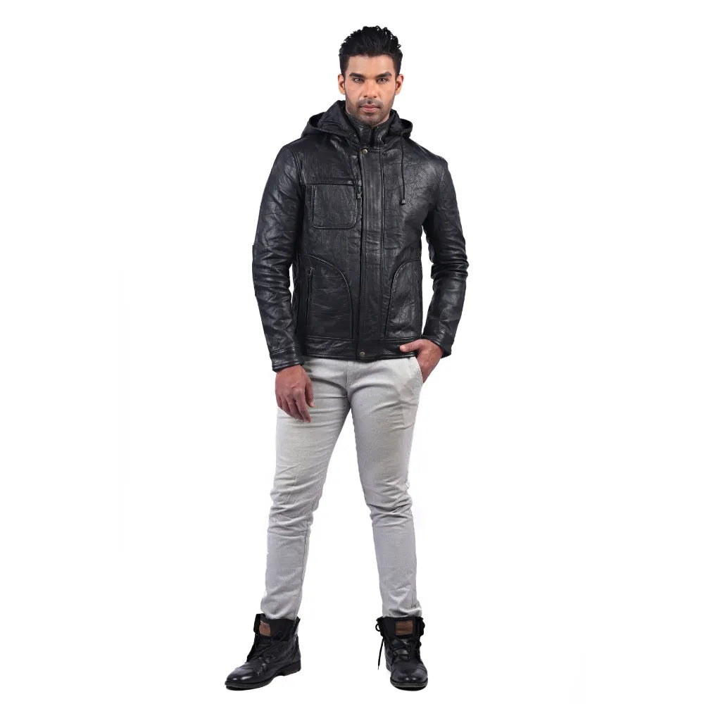 Men’s Black Hooded Urban Leather Jacket