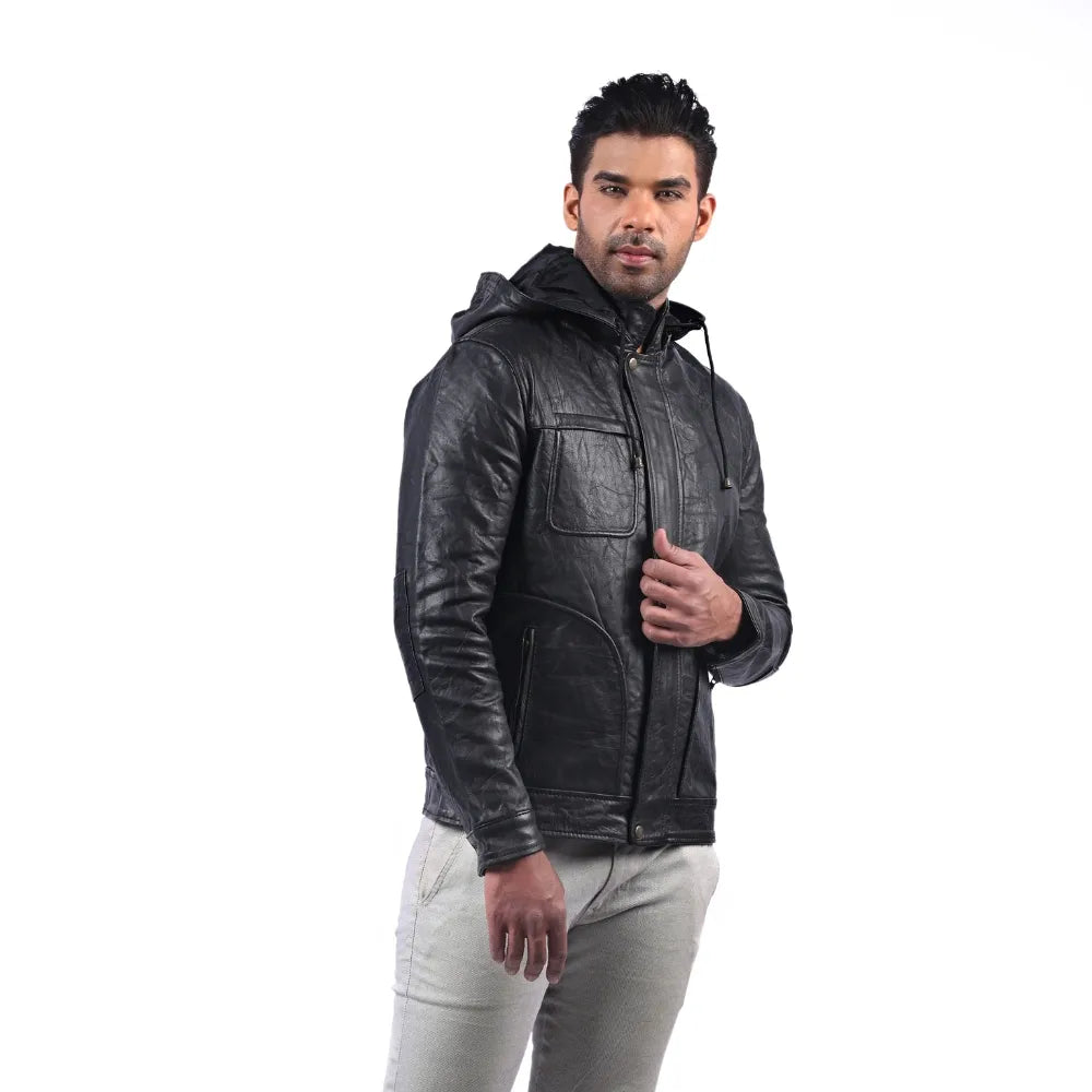 Men’s Black Hooded Urban Leather Jacket