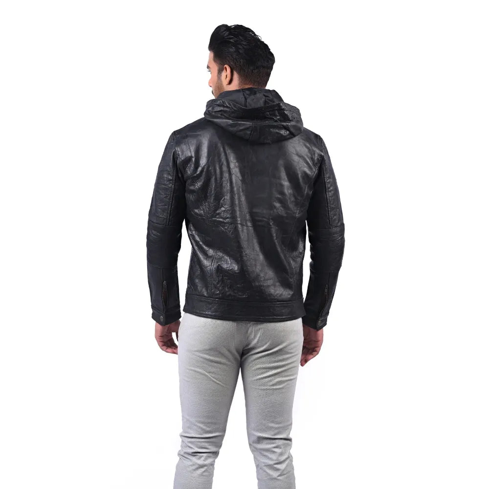 Men’s Black Hooded Urban Leather Jacket