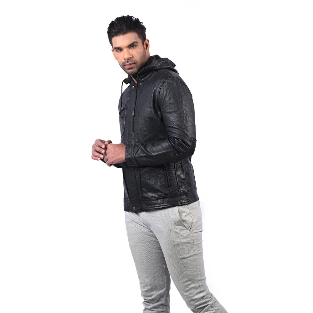 Men’s Black Hooded Urban Leather Jacket