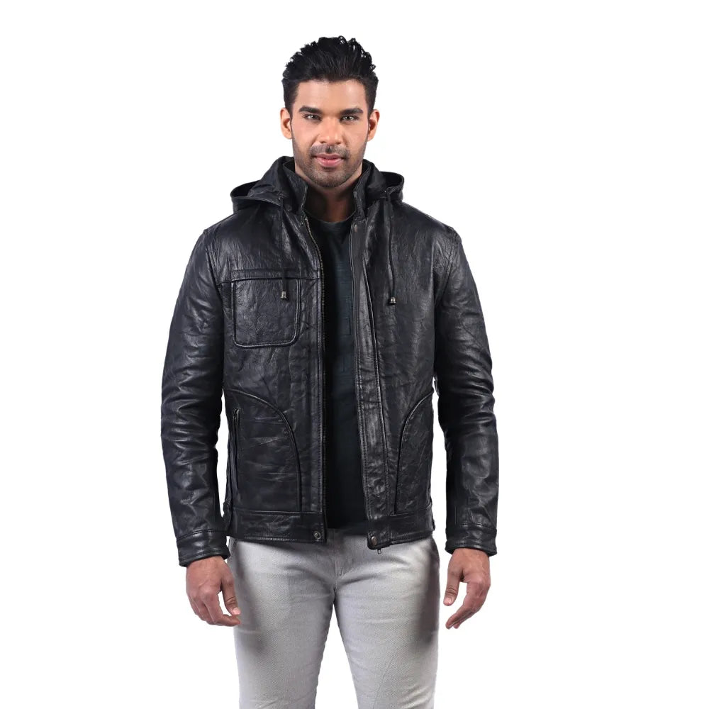 Men’s Black Hooded Urban Leather Jacket