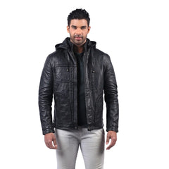 Men’s Black Hooded Urban Leather Jacket