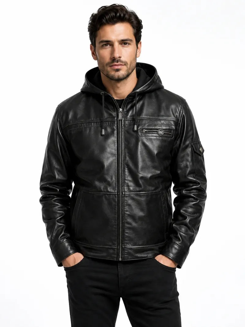 Men’s Black Hooded Zipper Leather Jacket Full