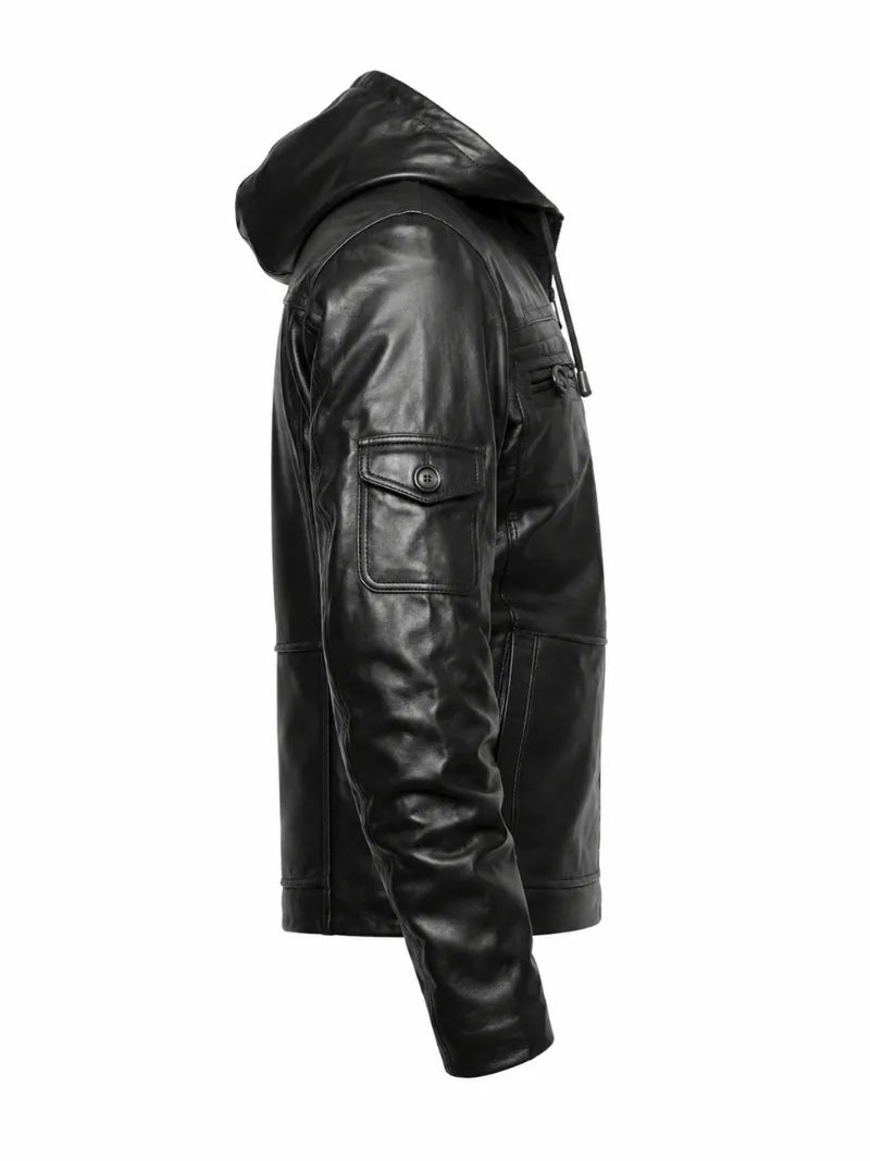 Men’s Black Hooded Zipper Leather Jacket Right 
