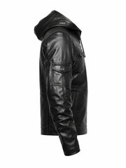 Men’s Black Hooded Zipper Leather Jacket Right 