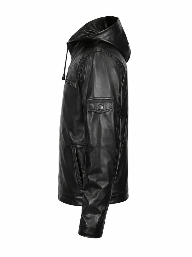 Men’s Black Hooded Zipper Leather Jacket Left 
