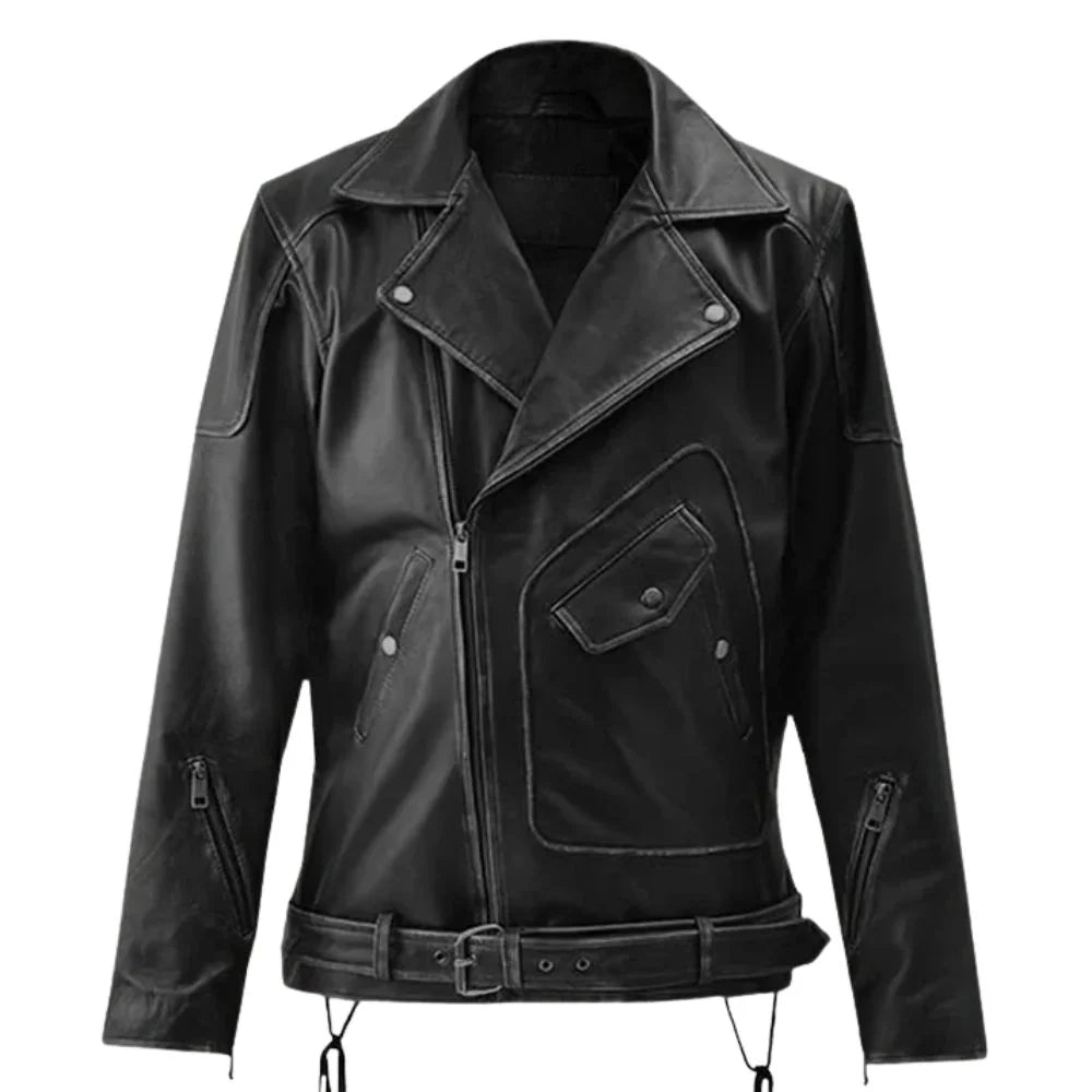 Men’s Black Lace-Up Belted Leather Jacket