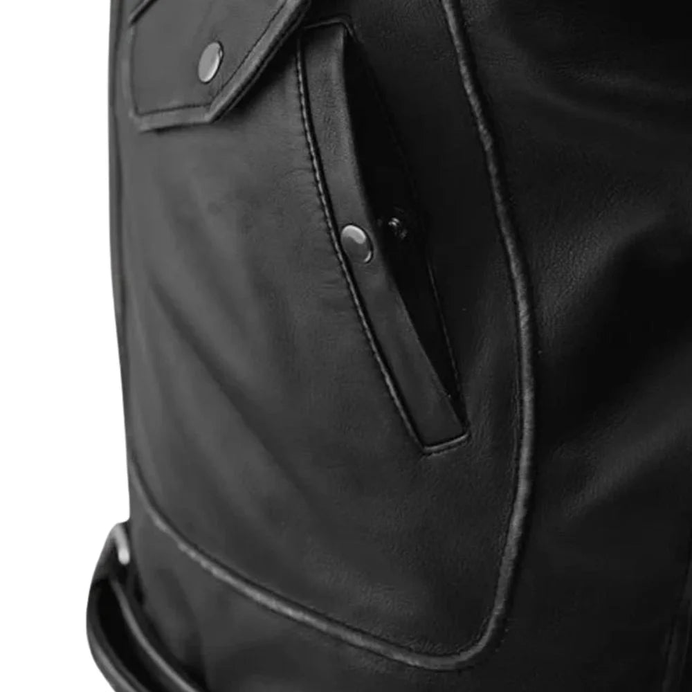 Men’s Black Lace-Up Belted Leather Jacket