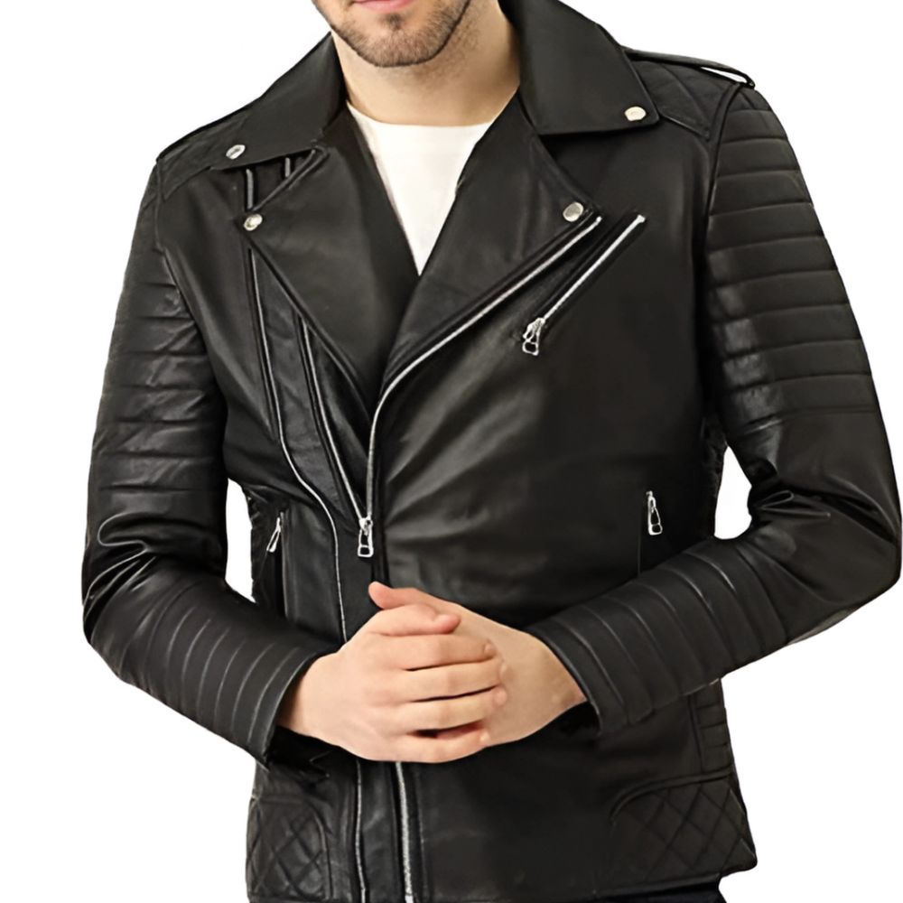 Men's Black Leather Biker Jacket with Quilted Shoulders