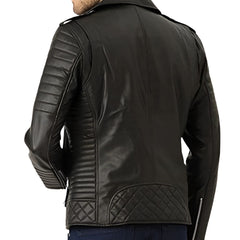 Men's Black Leather Biker Jacket with Quilted Shoulders