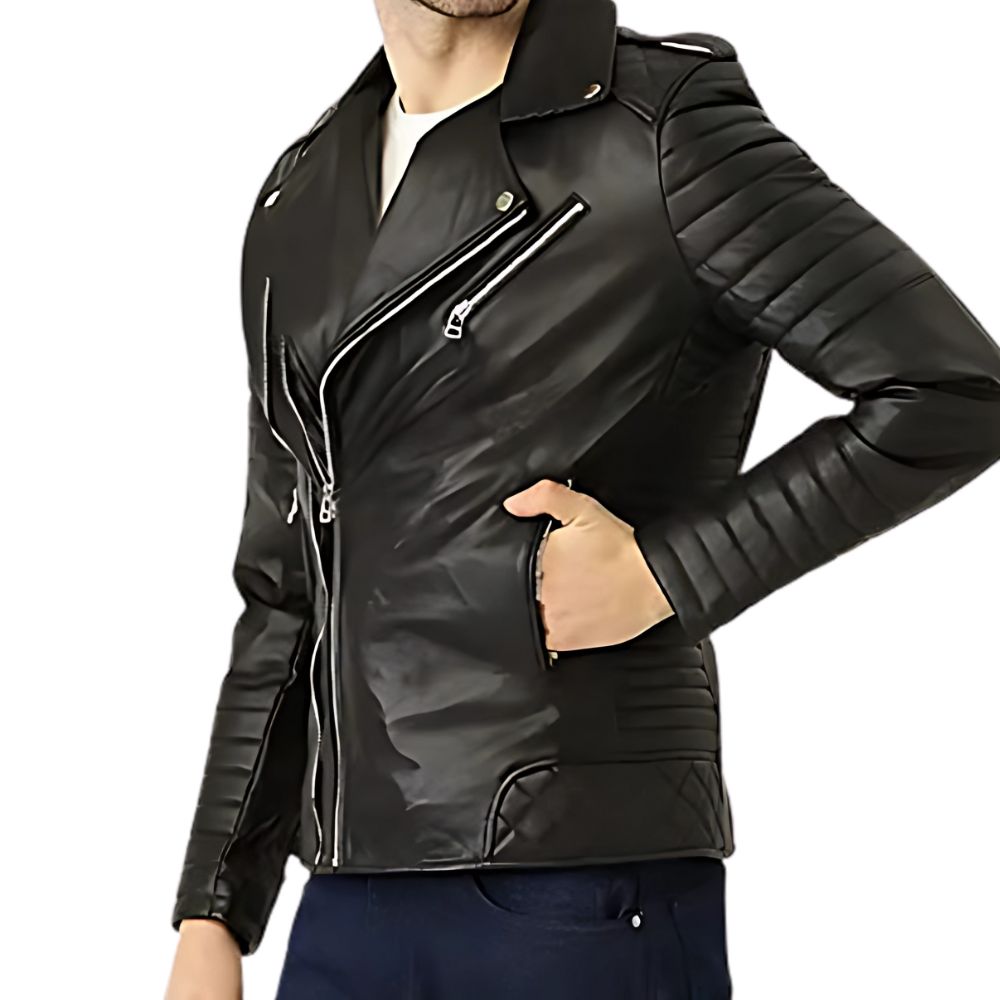 Men's Black Leather Biker Jacket with Quilted Shoulders