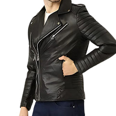 Men's Black Leather Biker Jacket with Quilted Shoulders