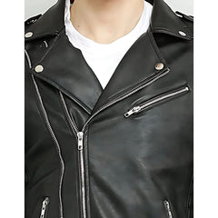 Men's Black Leather Biker Jacket with Quilted Shoulders