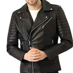 Men's Black Leather Biker Jacket with Quilted Shoulders