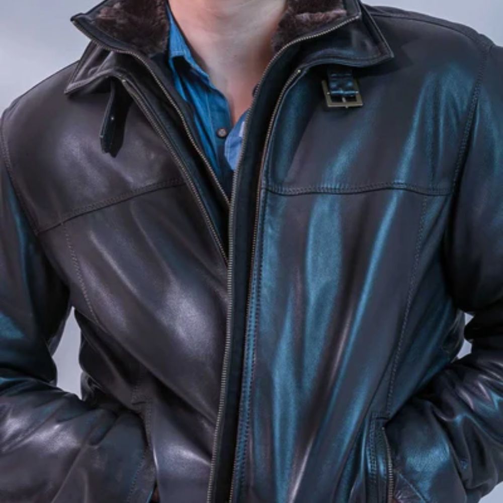 Men's Black Leather Bomber Jacket with Fur Collar