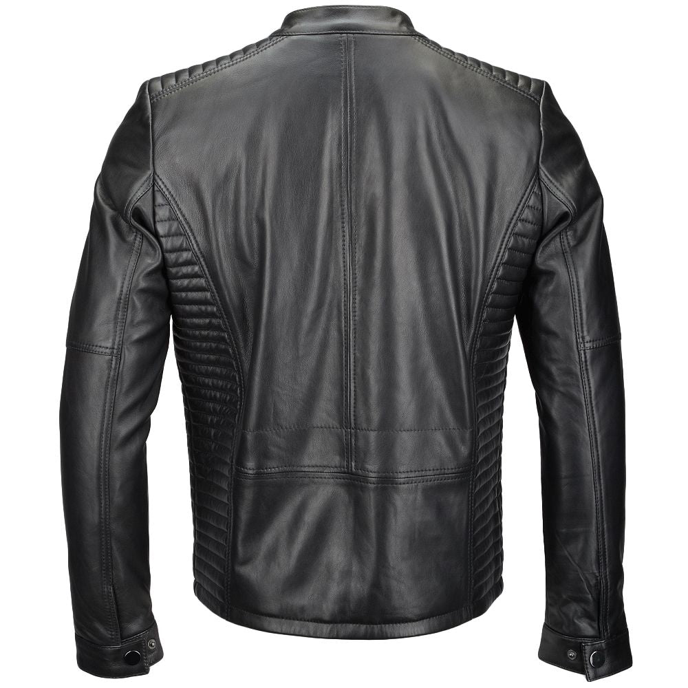 Men's Black Leather Cafe Racer Jacket with Padded Shoulders