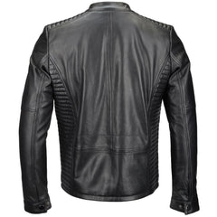 Men's Black Leather Cafe Racer Jacket with Padded Shoulders