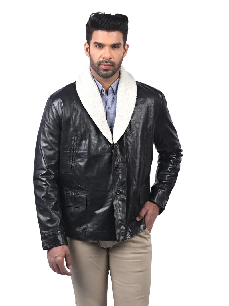 Men’s Black Leather Coat with Shearling Collar Full