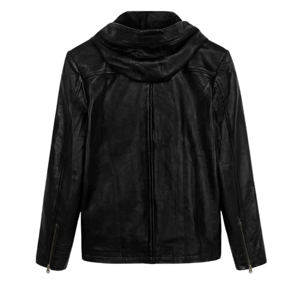 Men’s Black Leather Hooded Jacket