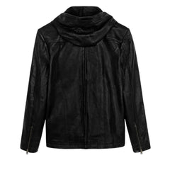 Men’s Black Leather Hooded Jacket