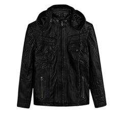 Men’s Black Leather Hooded Jacket