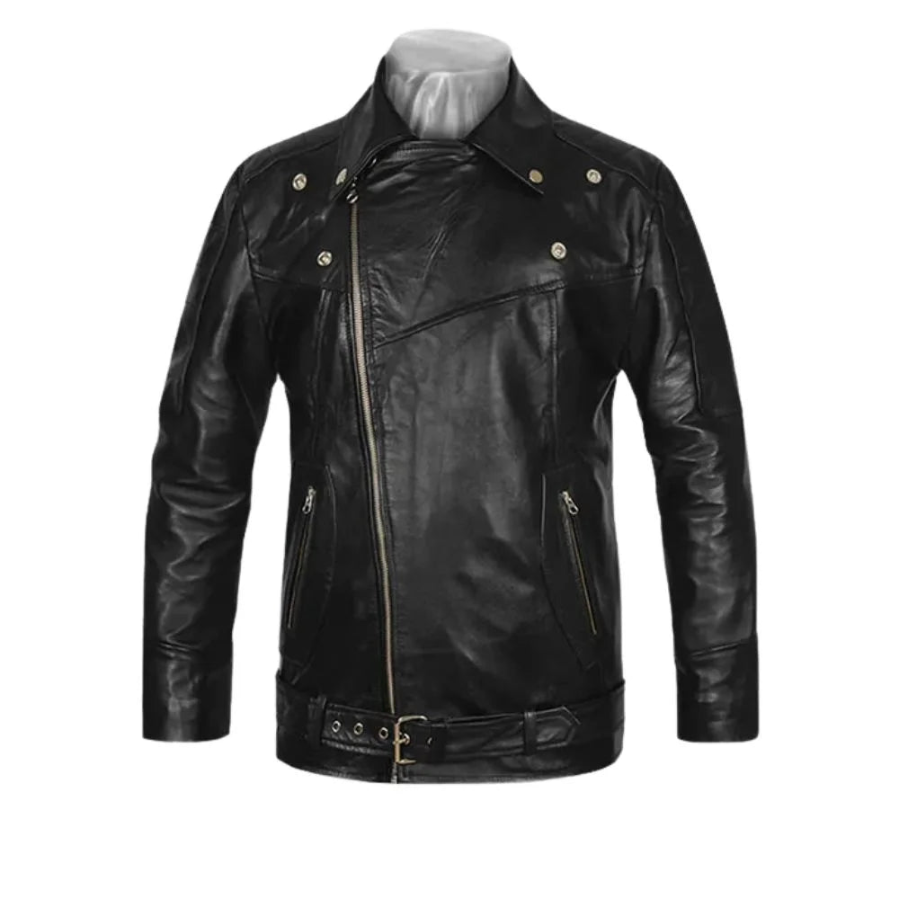Men’s Black Leather Jacket with Belted Waist