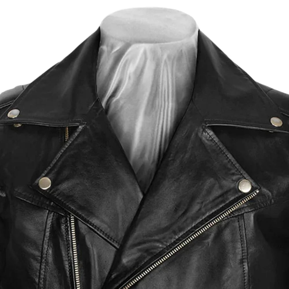 Men’s Black Leather Jacket with Belted Waist