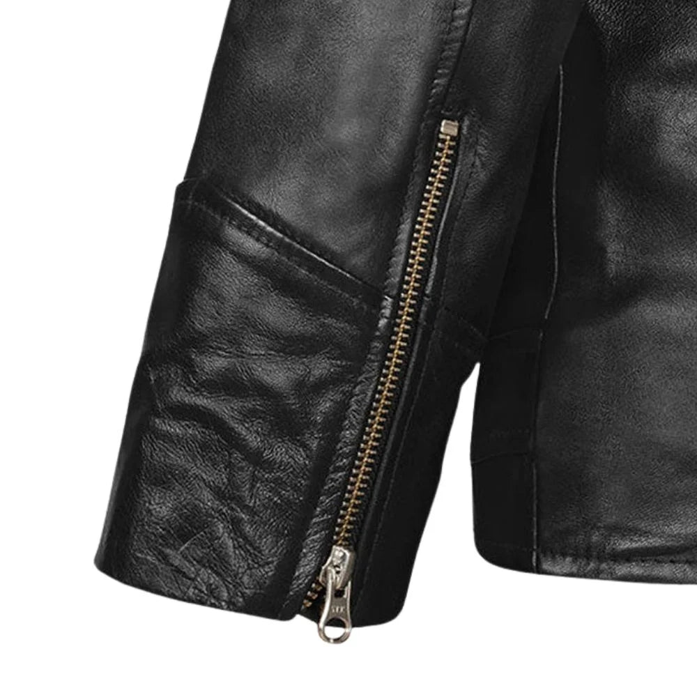 Men’s Black Leather Jacket with Belted Waist
