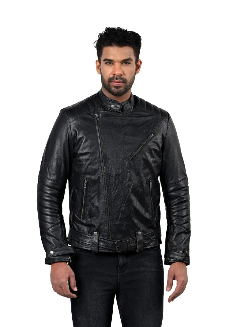 Men’s Black Leather Jacket with Belted Waist Front 