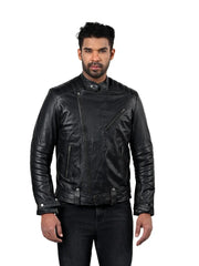 Men’s Black Leather Jacket with Belted Waist Front 