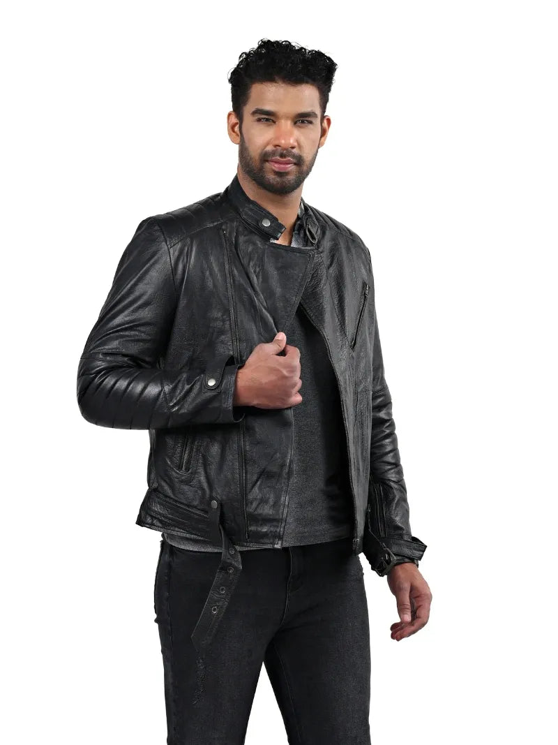 Men’s Black Leather Jacket with Belted Waist Right 