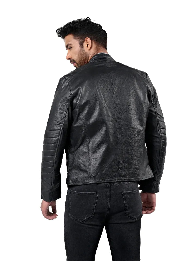 Men’s Black Leather Jacket with Belted Waist Back